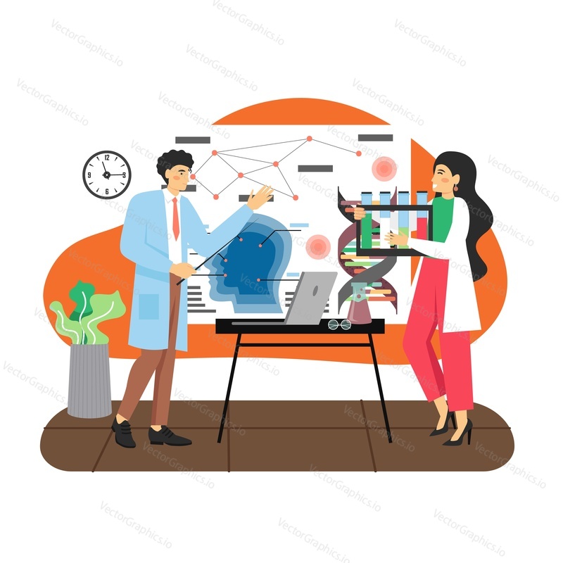 Science research laboratory scene. Scientists male and female characters in lab coats doing research using laboratory equipment, giving presentation, flat vector illustration. Science and education.