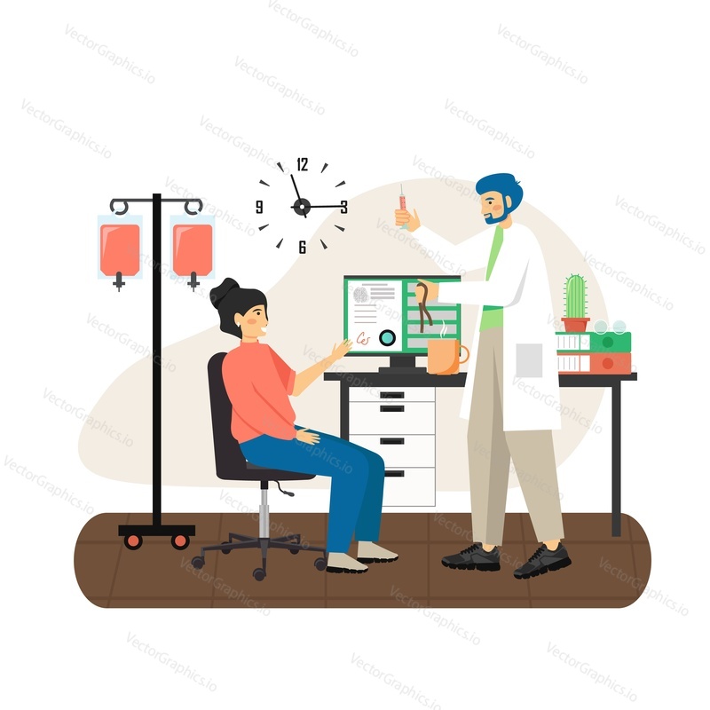Doctor, male nurse giving intravenous injection to female patient, flat vector illustration. Professional medical care and treatment. Medicine and health care.