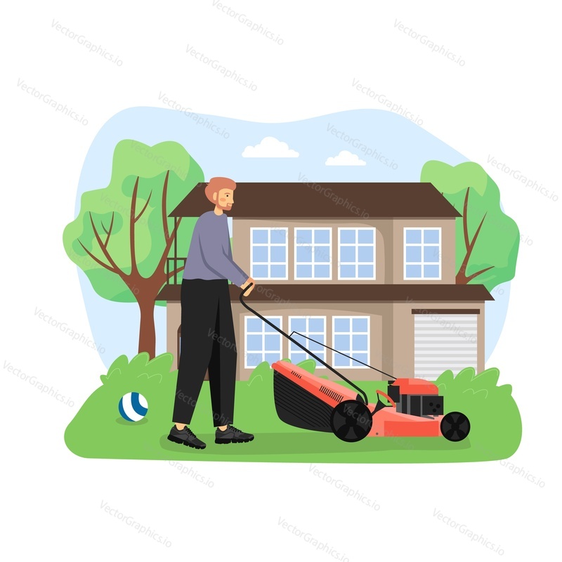 Gardener, male cartoon character mowing the lawn, cutting the grass with lawn mower, flat vector illustration. Gardening, home improvement services.