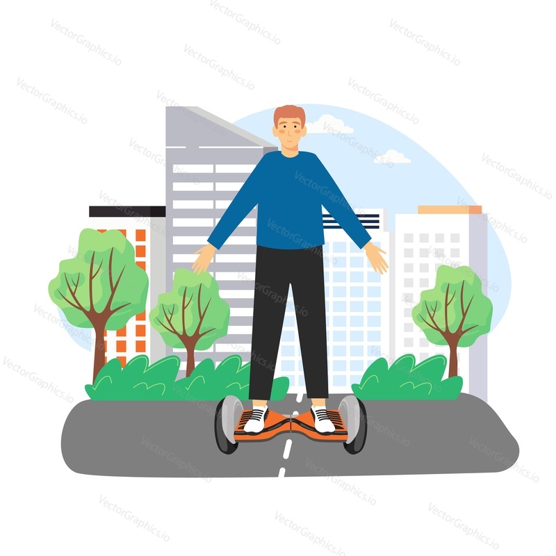 Šťastný muž na koni gyroskop, ploché vektorové ilustrace. Ekologická městská doprava. Aktivní životní styl. Urban self balancing board elektrický skútr, hoverboard.