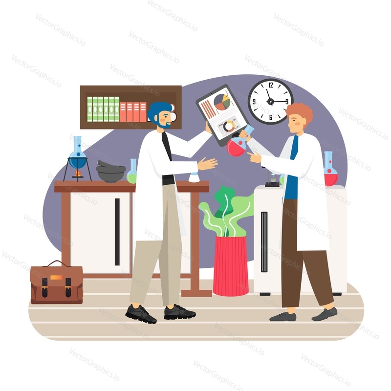 Science research laboratory scene. Two male characters, scientists in white coats discussing chemistry lab experiment report, flat vector illustration. Science lab interior with flasks beakers burner.