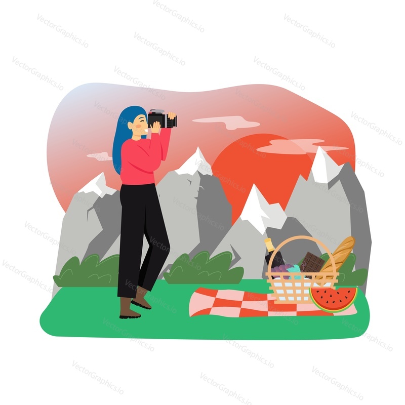 Hiking scene, flat vector illustration. Traveler, hiker female character taking photo of sunset with camera. Trekking, nature tourism, camping, photography.