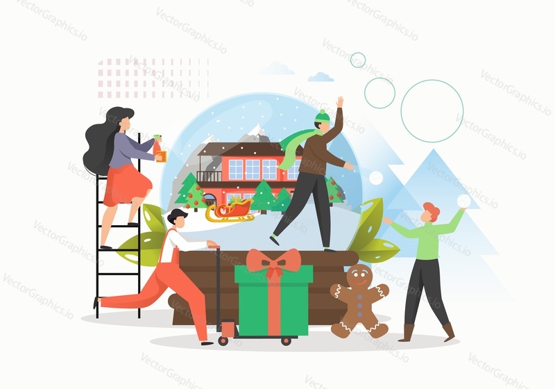 Winter tale. People preparing for Christmas holidays celebration, expecting magic things, flat vector illustration. They cleaning home, preparing gifts, cooking gingerbread cookies, playing snowballs.