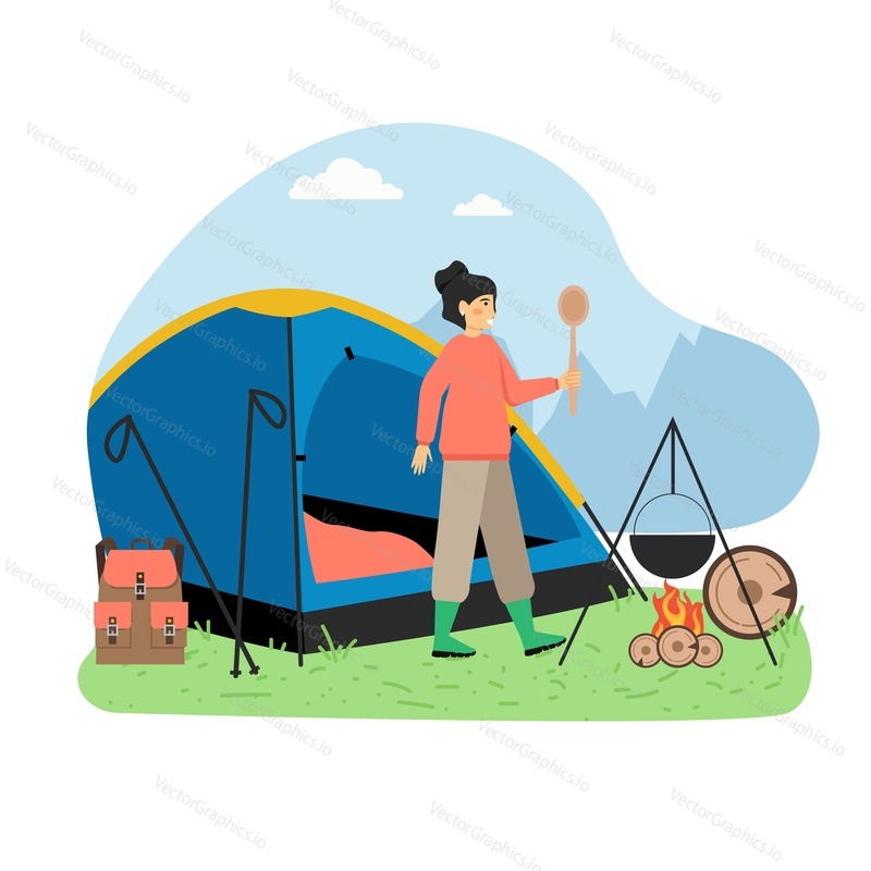Hiking scene, flat vector illustration. Traveler, hiker female character cooking meal on fire in bowler. Trekking, expedition, travel adventure, nature tourism, camping, summer outdoor activity.