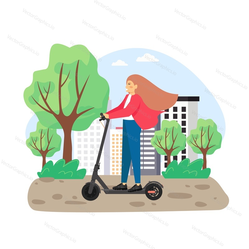 Happy woman riding kick scooter, flat vector illustration. Eco friendly city transport. Active lifestyle. Urban electric scooter.