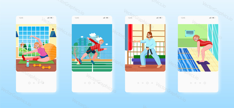 Фитнес, легкая атлетика, бокс, прыжки с платформы. Экраны мобильных приложений Sport time. Векторный шаблон баннера для разработки веб-сайтов и мобильных устройств. Иллюстрация дизайна веб-сайта и пользовательского интерфейса.