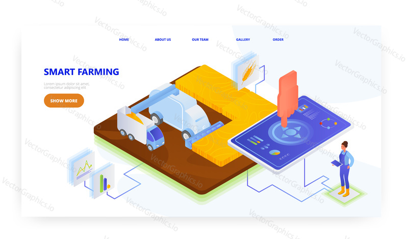 Smart farming, landing page design, website banner template, flat vector isometric illustration. Smart intelligent combine harvester harvesting wheat.