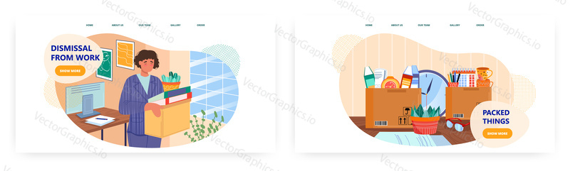 Dismissal, landing page design, website banner template set, flat vector illustration. Woman, fired employee leaving office with box full of personal things. Job loss, layoff, unemployment.