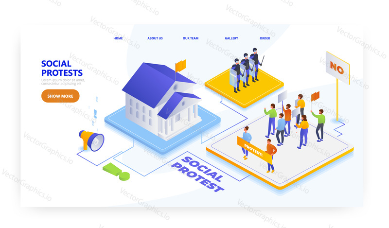 Social protests, landing page design, website banner template, flat vector isometric illustration. Activists holding placards, police. Social movement, revolution, picket, political strike.