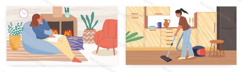 Home activities, landing page design, website banner template set, flat vector illustration. Woman reading book, girl cleaning house. Hobby, home leisure, housework, housekeeping, household chores.