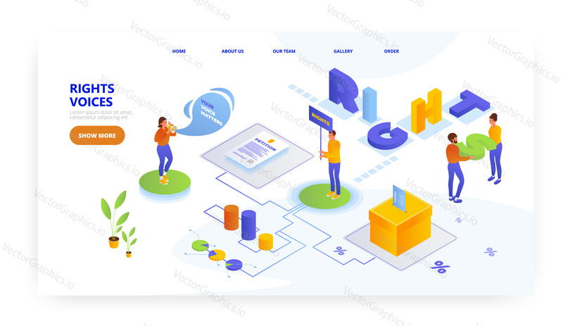 Right voices, landing page design, website banner template, flat vector isometric illustration. Your voice matters. Petition, election, vote.
