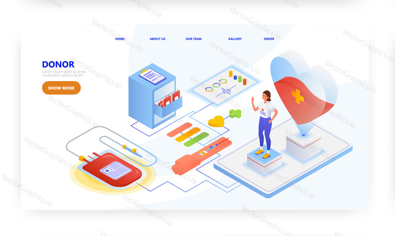 Blood donor, landing page design, website banner template, flat vector isometric illustration. Blood donation, charity.