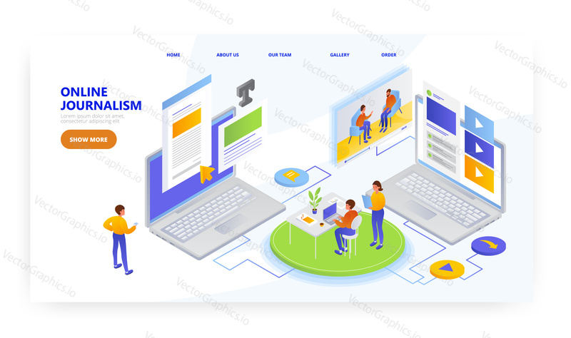 Online journalism, landing page design, website banner template, flat vector isometric illustration. Digital journalism, online news.