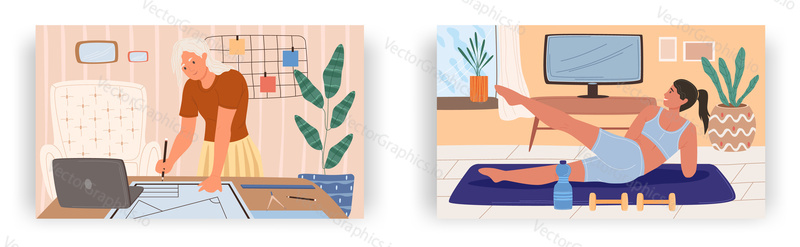 Home activities, landing page design, website banner template set, flat vector illustration. Woman working from home, drawing plan. Girl doing fitness. Remote work, sport, healthy lifestyle.