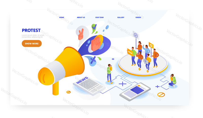 Protest, landing page design, website banner template, flat vector isometric illustration. Group of activists with placards, megaphone. Demonstration, picket, political meeting, strike.