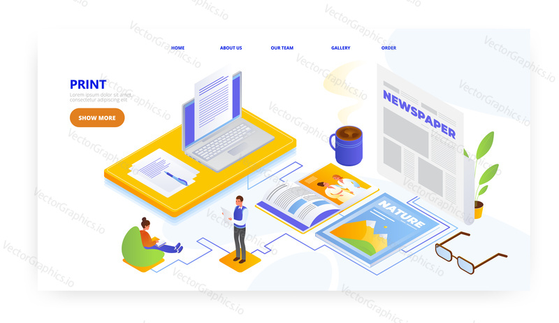 Print journalism, landing page design, website banner template, flat vector isometric illustration. Printing house, polygraphy, printshop. Press media.