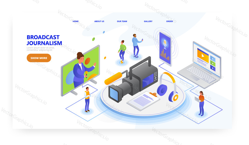 Broadcast journalism, landing page design, website banner template, flat vector isometric illustration. Radio and television broadcasting.