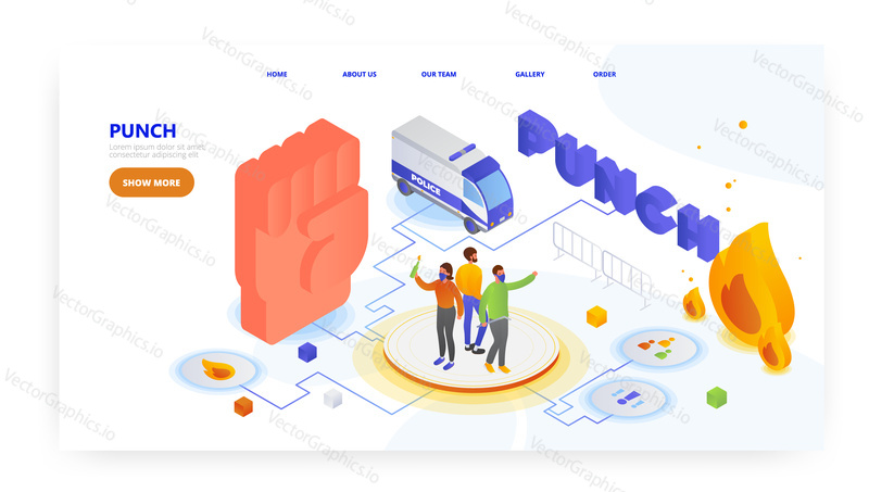 Punch, landing page design, website banner template, flat vector isometric illustration. Public disorder, riot, rebellion.