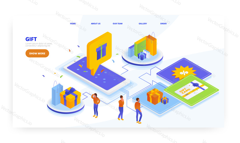 Gifts, landing page design, website banner template, flat vector isometric illustration. Gift card, coupon, certificate. Online purchases.