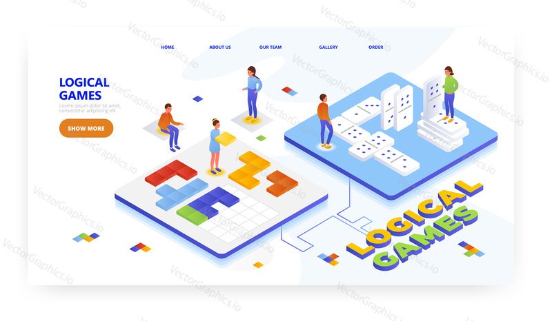 Logical games, landing page design, website banner template, flat vector isometric illustration. Kids playing domino, puzzle games. Preschool education, iq tasks.