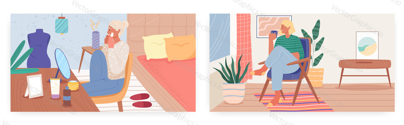 Home leisure activities, landing page design, website banner template set, flat vector illustration. Woman applying cosmetic facial mask, girl drinking tea, coffee. Rest time.