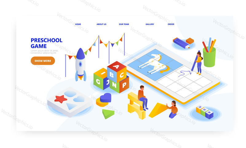 Preschool game, landing page design, website banner template, flat vector isometric illustration. Kindergarten, preschool room. Kids playing blocks, drawing pictures, learning alphabet.