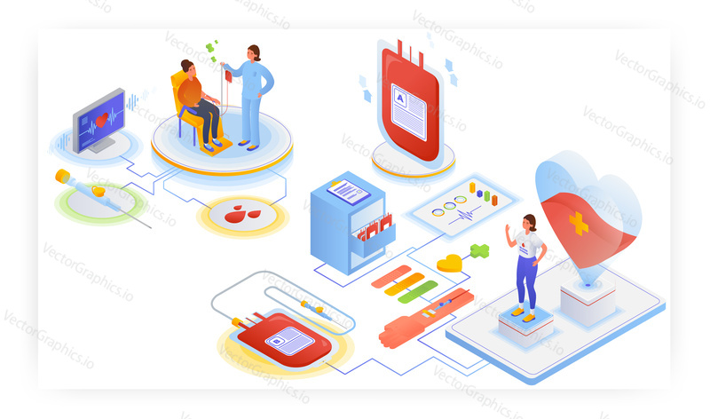 Blood transfusion, flat vector isometric illustration. Donor volunteer donating blood. Charity.