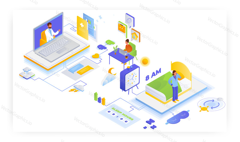 Better sleep tips, flat vector isometric illustration. Sleep eye mask. Healthy circadian rhythm. Chat with therapist. Online doctor appointment, consultation, video call chat.