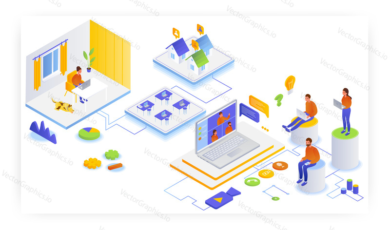 People working remotely from home, flat vector isometric illustration. Home office. Freelance. Business group meeting, webinar, video conference.