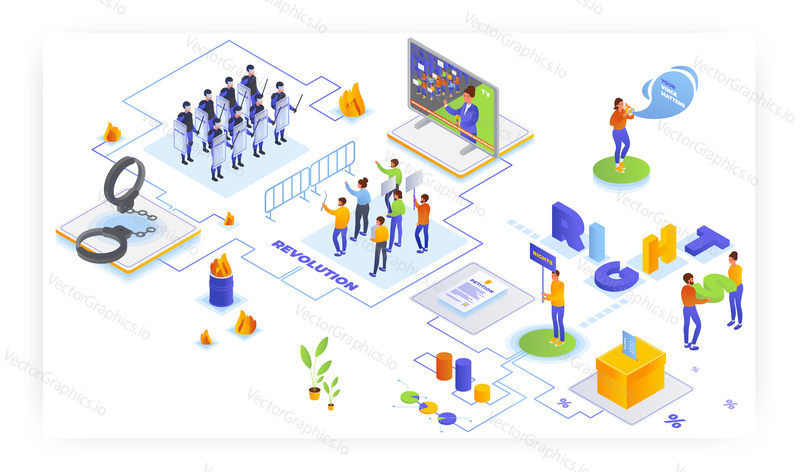 Protesters with placards taking part in political meeting, demonstration, flat vector isometric illustration. Human rights revolution. Your voice matters. Petition, election, vote.