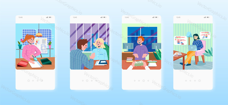 Business and partnership. Office work. Workplace. Meeting with customer. Mobile app screens. Vector banner template for website and mobile development. Web site and UI design illustration.