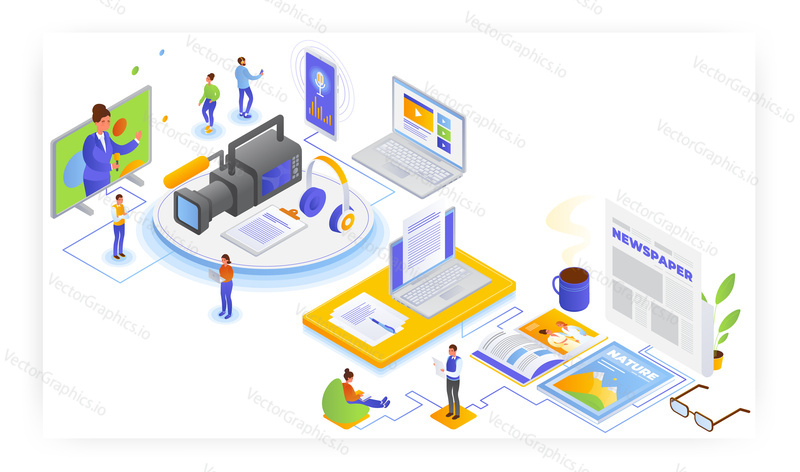 Broadcast and print journalism, flat vector isometric illustration. Radio and television broadcasting. Printing house, polygraphy, printshop. Press media.