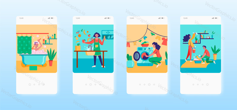 Hygiena. Koupání, mytí ovoce, prádelna, úklid domu. Obrazovky mobilních aplikací. Vektorový banner šablona pro webové stránky a mobilní vývoj. Ilustrace designu webových stránek a uživatelského rozhraní.