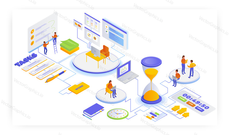 Effective work time management, flat vector isometric illustration. Task management, workflow process, checklist, planning schedule, deadline.