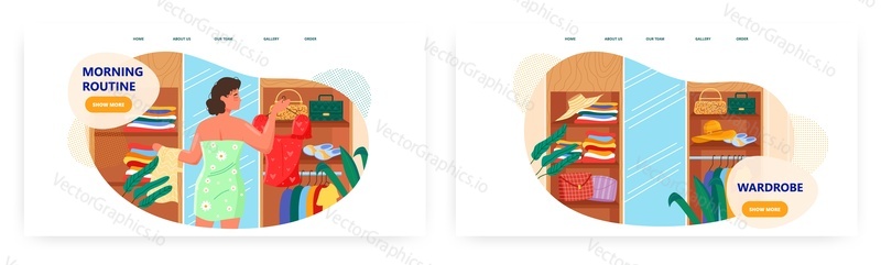 Daily morning routine landing page design, website banner template set, flat vector illustration. Happy woman taking clothes from wardrobe to dress and go to work in the morning.