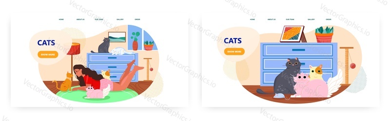 Дизайн целевой страницы Cats, набор шаблонов баннеров веб-сайта, плоская векторная иллюстрация. Шесть милых и счастливых котят живут вместе с молодой женщиной в уютном доме. Уход за домашними животными. Помощь кошкам.