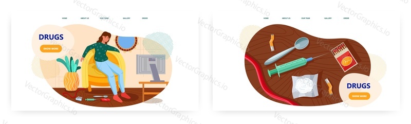 Drugs landing page design, website banner templates, flat vector illustration. Lonely woman, heroin addict person sitting in armchair at home. Drug abuse and addiction. Serious mental health problem.