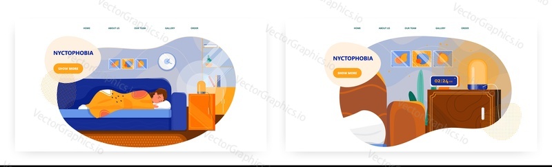Nyctophobia landing page design, website banner template set, flat vector illustration. Sleepless woman has nyctophobia symptoms. Anxiety disorder. Fear of night or darkness.