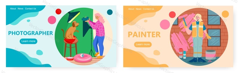Professions and occupations landing page design, website banner template set, flat vector illustration. Female characters, professional photographer and wall painter. Personal service workers.