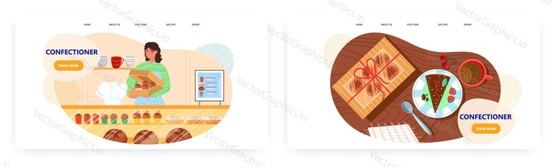 Confectioner landing page design, website banner template set, flat vector illustration. Female baker selling delicious cakes, muffins other baked goods. Bakery, cake shop, confectionery, sweet pastry