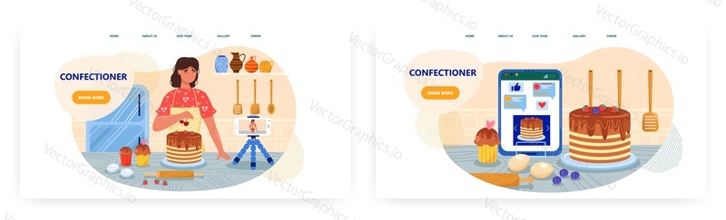Confectioner landing page design, website banner template set, flat vector illustration. Female blogger cooking chocolate cake before video camera. Delicious desserts, cakes recipes online. Food blog