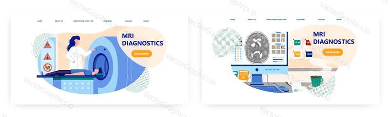 Mri diagnostics landing page design, website banner template set, flat vector illustration. Mri doctor radiologist performing magnetic resonance imaging test. Computed tomography, radiology lab.