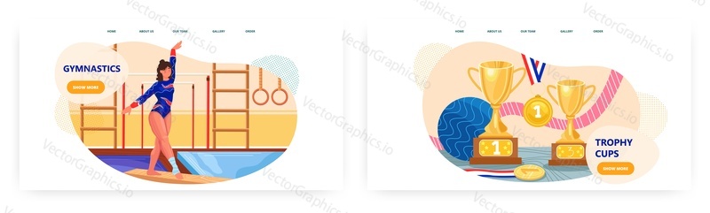 Gymnastika vstupní stránka design, webové stránky banner šablony set, ploché vektorové ilustrace. Ženy umělecké akrobatické síly gymnastika výkon, posilovna cvičení, trénink. Pohár vítězů pohárů.