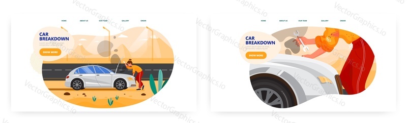 Car breakdown landing page design, website banner template set, flat vector illustration. Female driver trying to fix broken auto. Car accident.