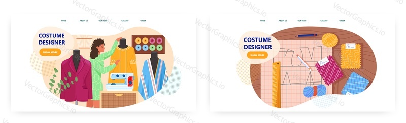 Návrh vstupní stránky kostýmního návrháře, sada šablon bannerů webových stránek, plochá vektorová ilustrace. Žena šití oblečení pro divadlo, módní model show, film, televizní produkce. Módní návrhář studio.