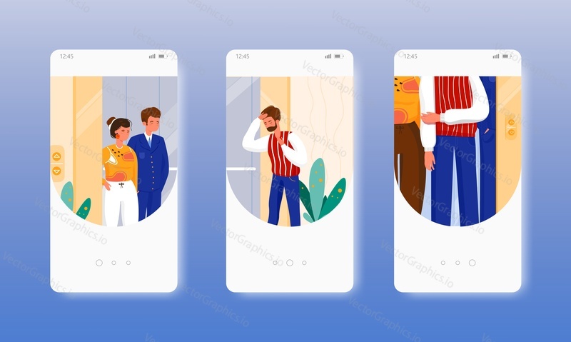 Claustrophobia. Anxiety disorder, panic attack. Fear of enclosed spaces. Mobile app onboarding screens. Vector banner template for website and mobile development. Web site and UI design illustration.