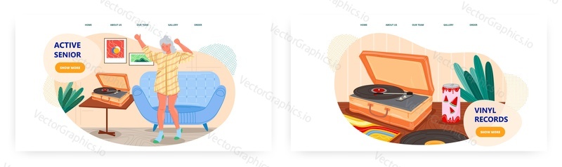 Active senior landing page design, website banner template set, flat vector illustration. Happy elderly woman pensioner dancing to vinyl record music. Healthy active lifestyles. Retirement activities.