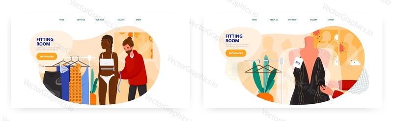 Fitting room landing page design, website banner template set, flat vector illustration. Fashion designer taking measurements of model girl in dressing room. Fashion industry, show business.