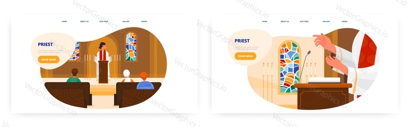 Priest landing page design, website banner template set, flat vector illustration. Catholic priest, pastor giving speech, saying prayer standing behind the rostrum. Church worship.