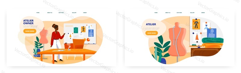 Design vstupní stránky majitele ateliéru, sada šablon bannerů webových stránek, plochá vektorová ilustrace. Afroameričanka švadlena krejčí módní návrhářka. Šicí workshop studio interiér. Krejčovství